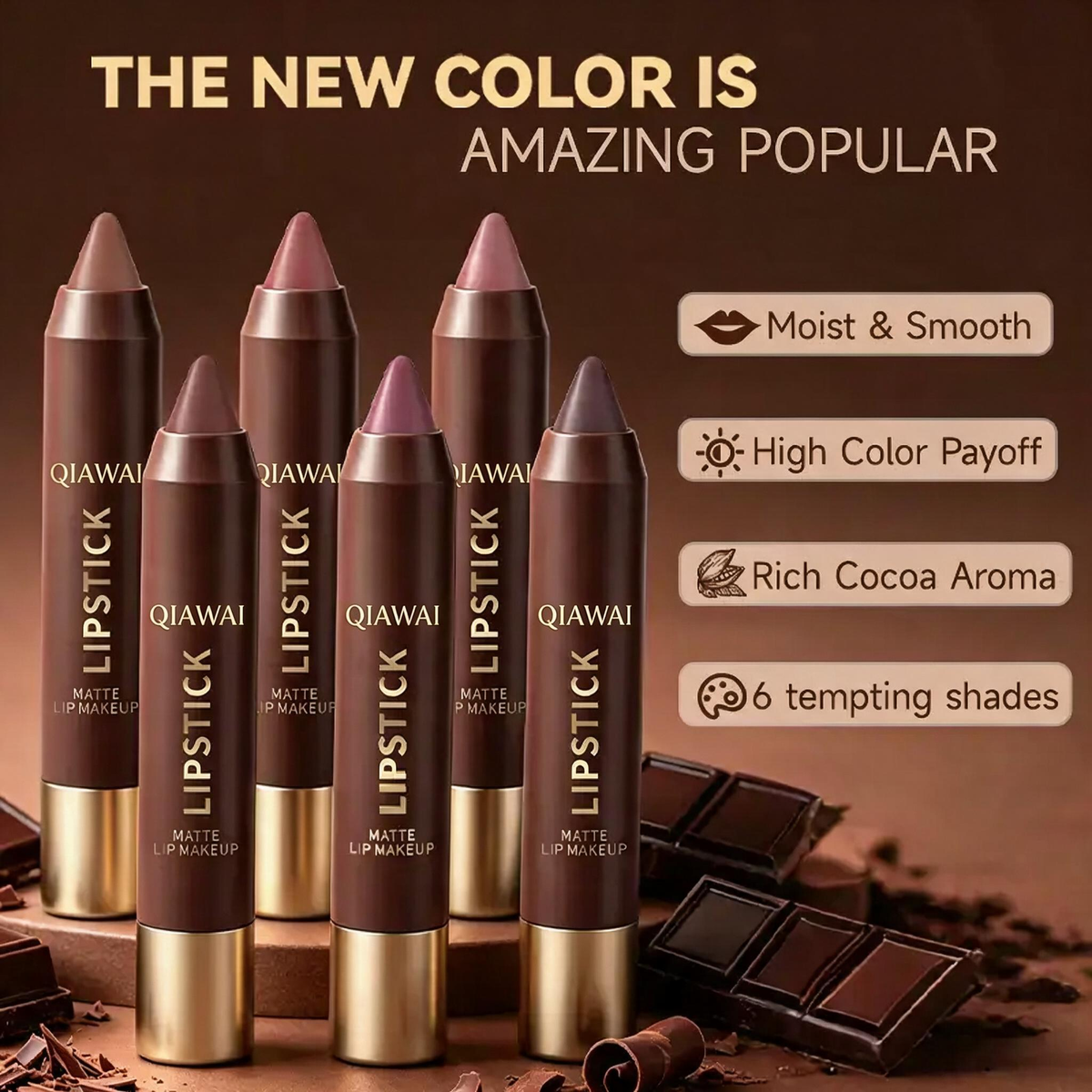 QIAWI® 6-Piece Matte Brown Lipstick Set – Waterproof, Long-Wear & Less Transfer