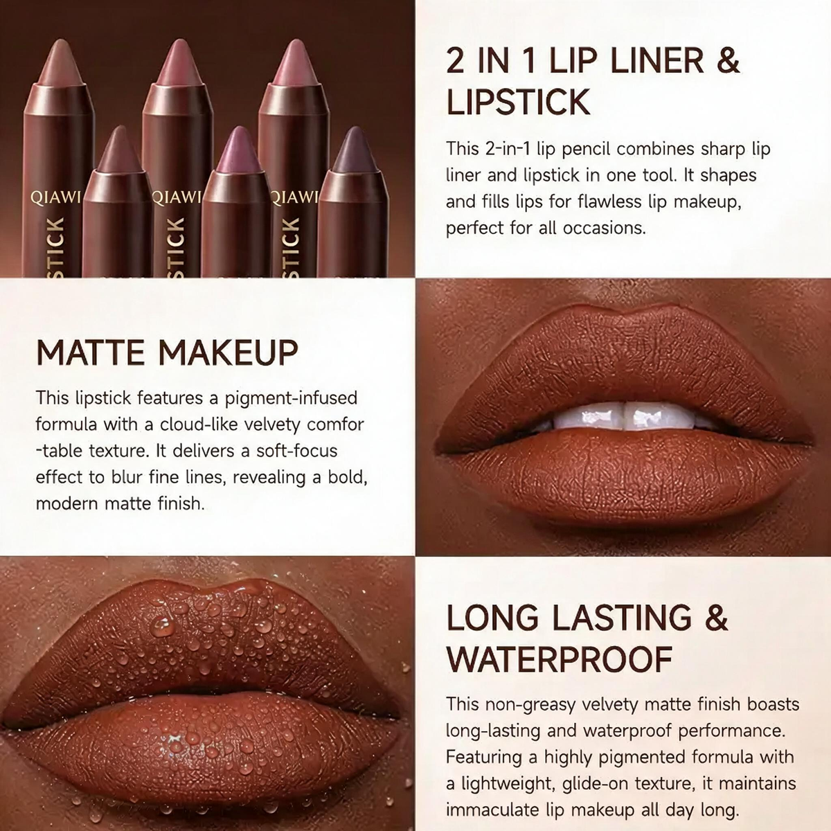 QIAWI® 6-Piece Matte Brown Lipstick Set – Waterproof, Long-Wear & Less Transfer