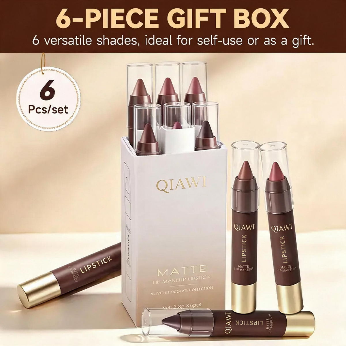 QIAWI® 6-Piece Matte Brown Lipstick Set – Waterproof, Long-Wear & Less Transfer