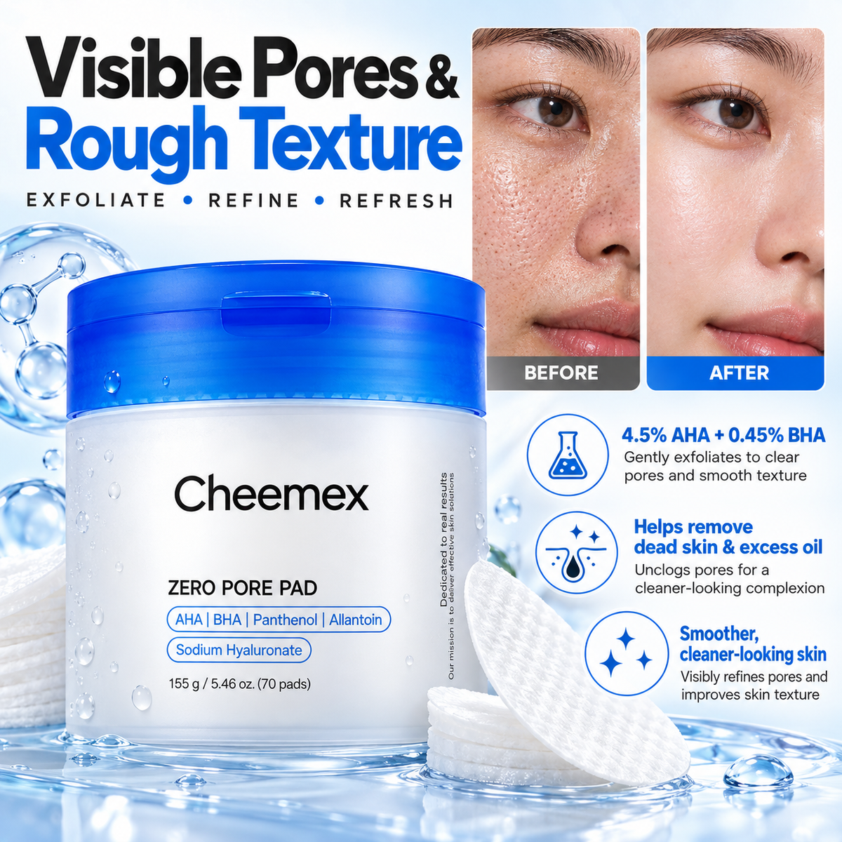 Cheemex® AHA + BHA Pore Refining Pads – Clear Pores, Smooth Texture & Control Excess Oil