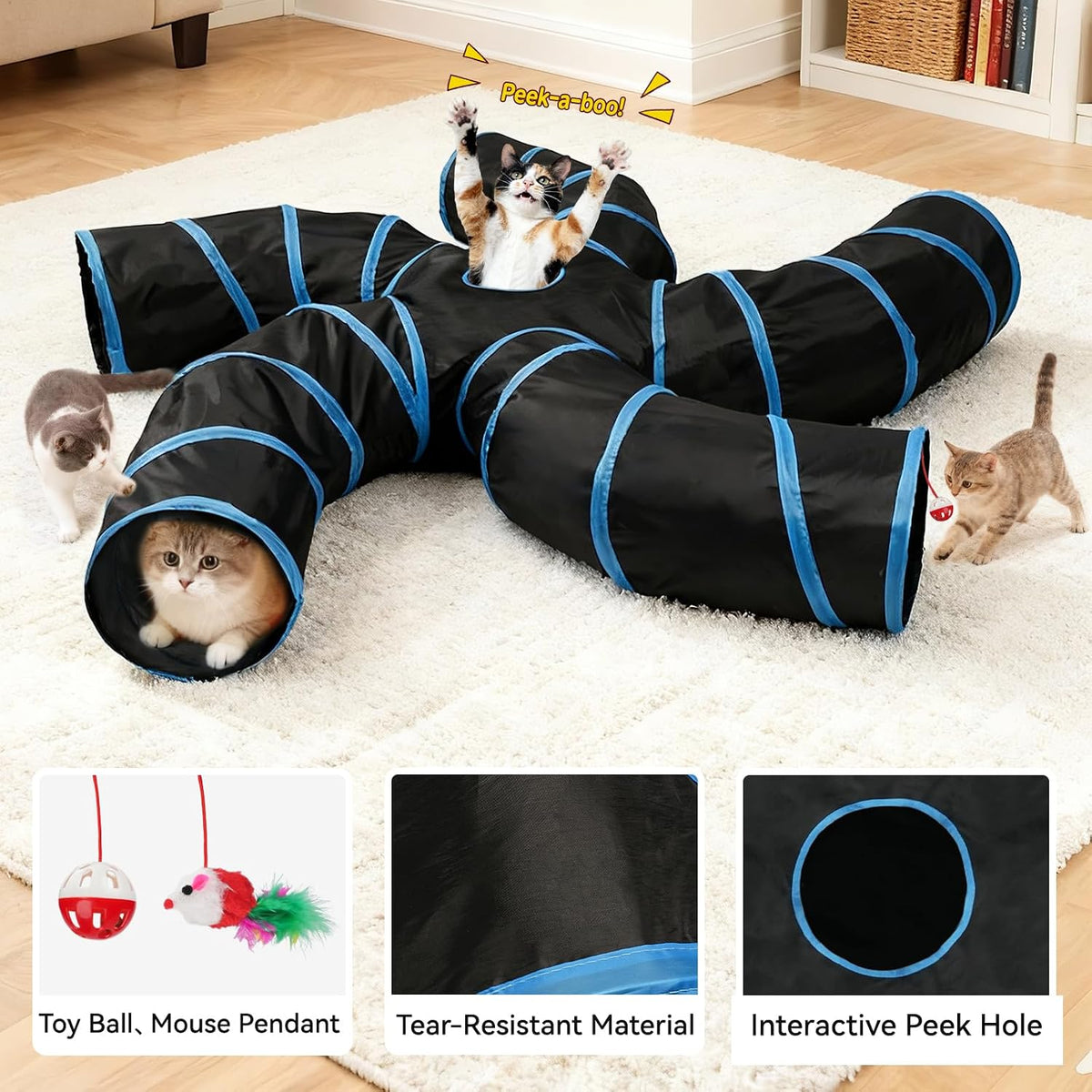 Cat Tunnel for Multiple Cats, 5-Way Indoor Tube Toy to Chase & Hide