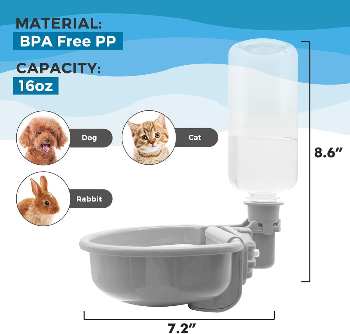 Gravity Pet Water Bowl, 16oz Anti-Splash Crate Dispenser