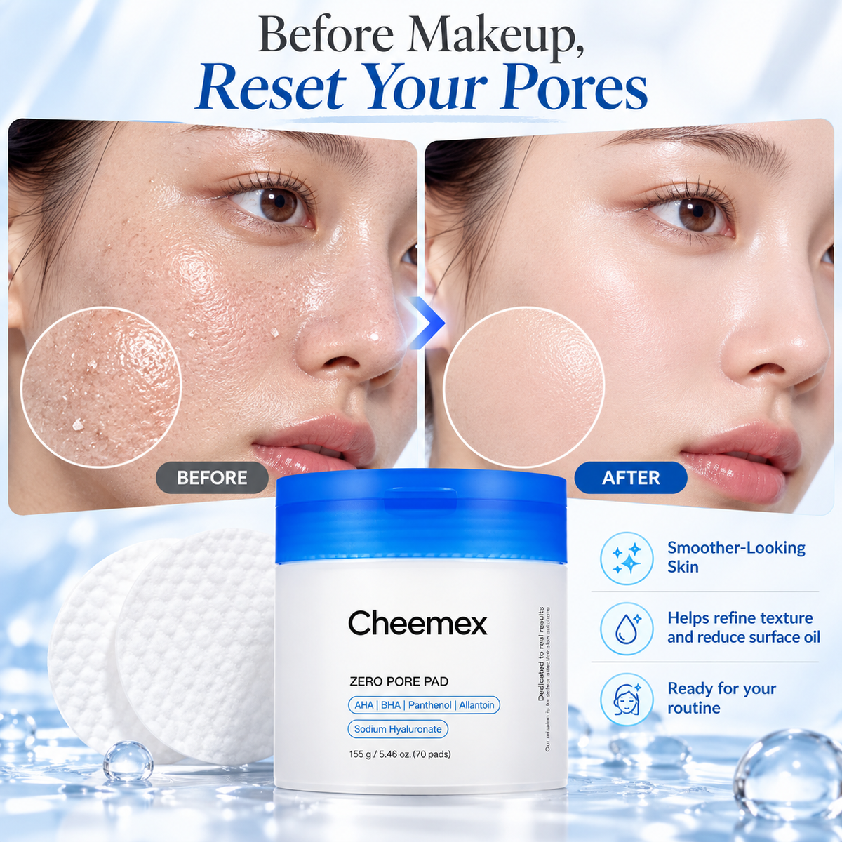 Cheemex® AHA + BHA Pore Refining Pads – Clear Pores, Smooth Texture & Control Excess Oil