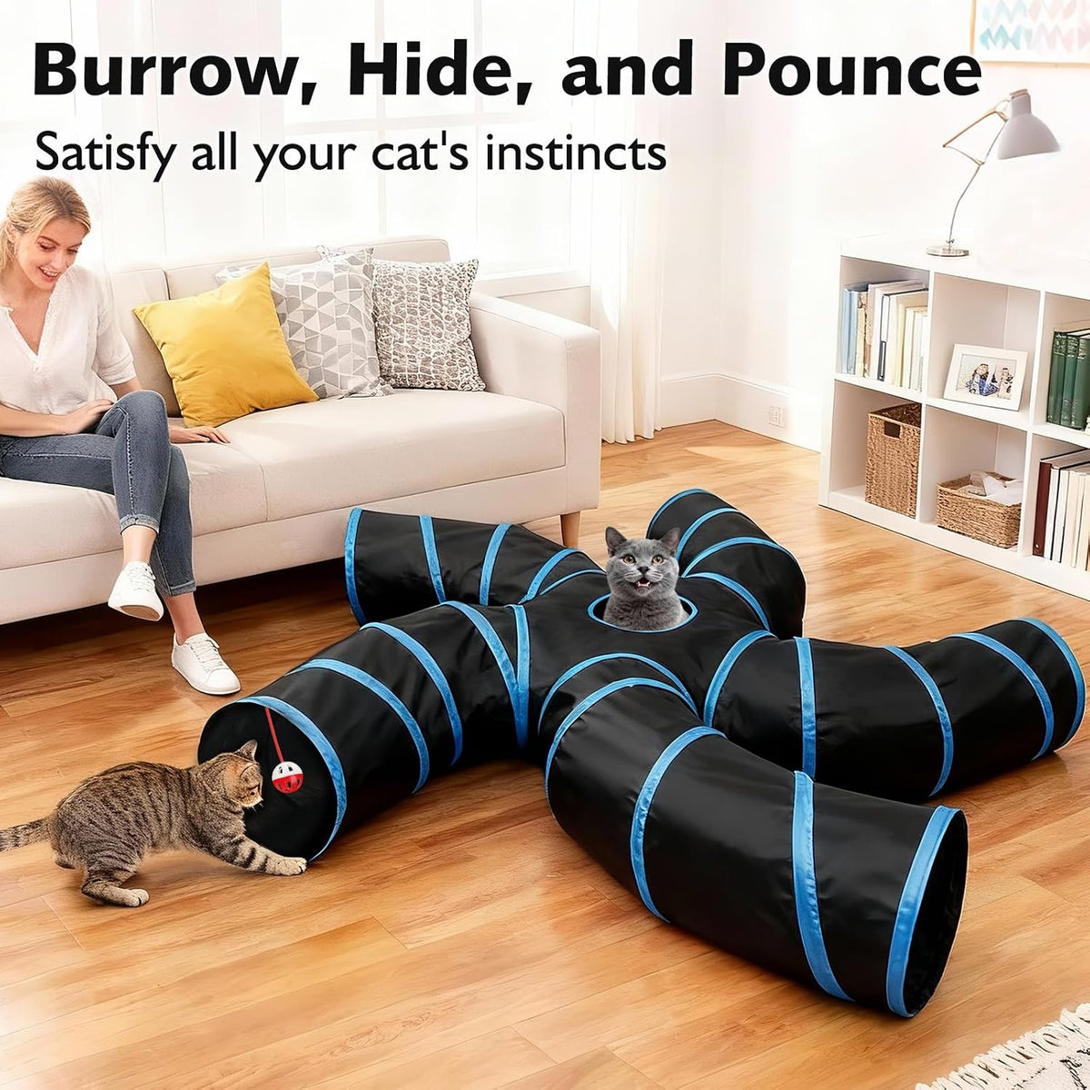 Cat Tunnel for Multiple Cats, 5-Way Indoor Tube Toy to Chase & Hide