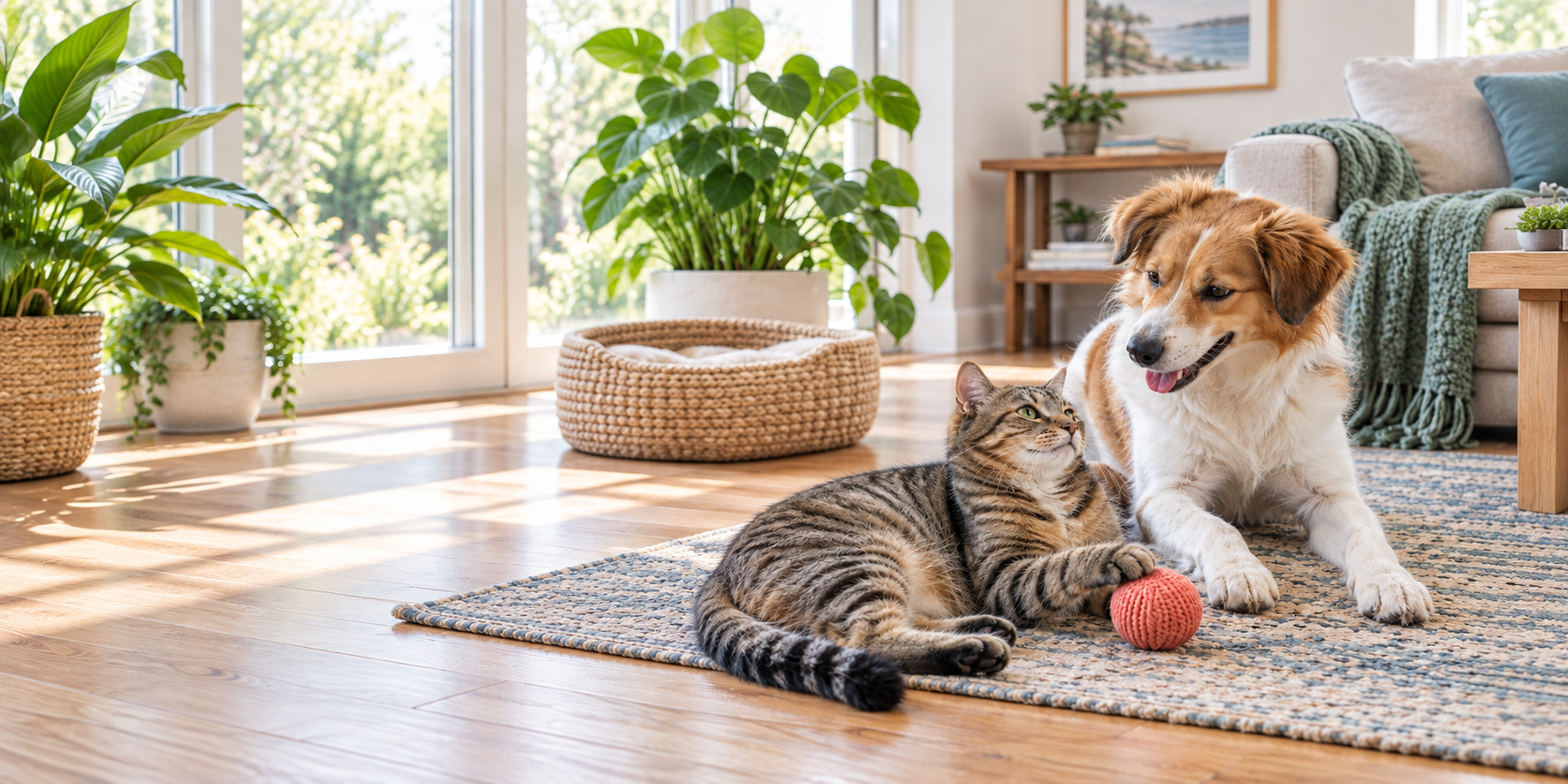 A cat and dog relaxing together at home